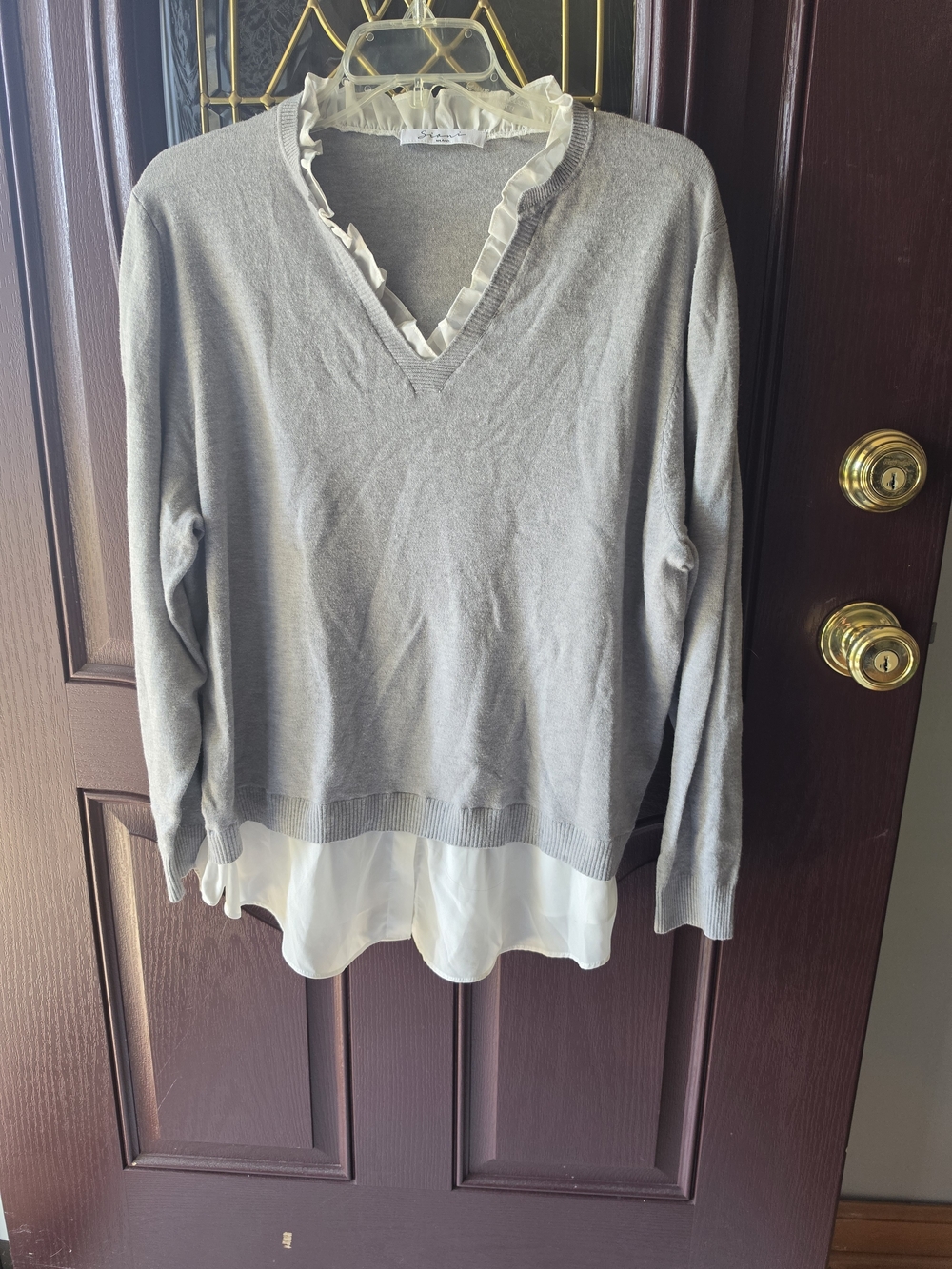 Milano Women's Gray V-Neck Sweater with White Ruffle Trim